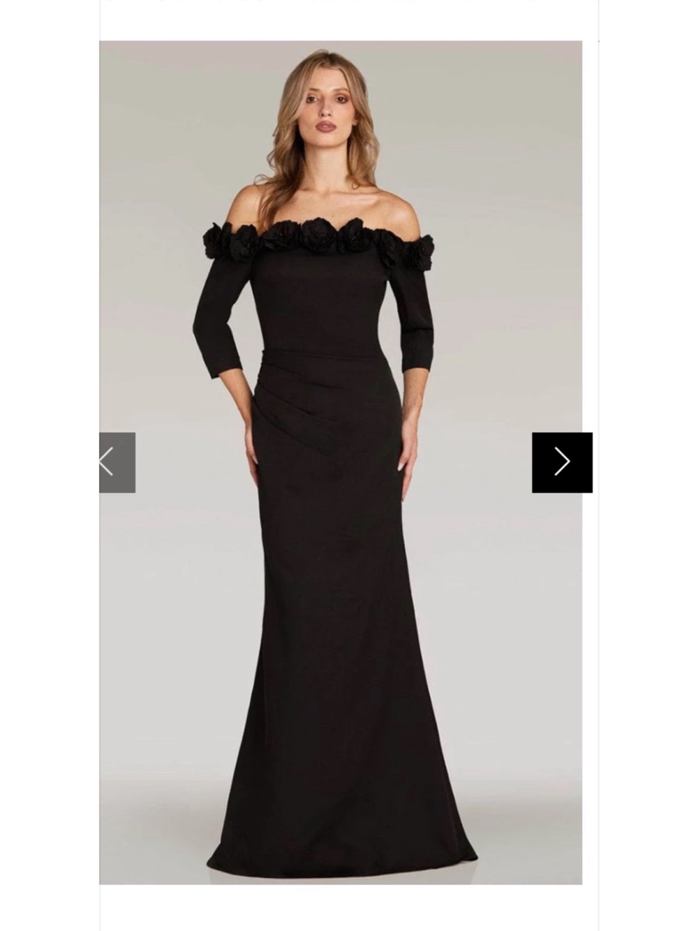 Elegant Off-Shoulder Blue Evening Gown with Floral Trim